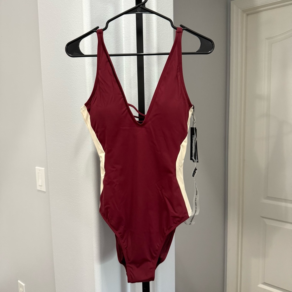 TA3 WAIST SNATCHING PLUNGEY CONTOUR SWIMSUIT DARK CHERRY OAT SIZE M X LONG NWT